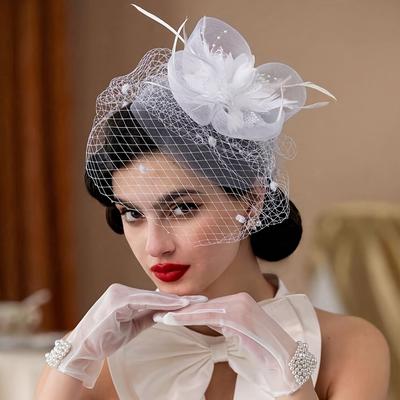 TEMU 1pc Vintage 1920s 1950s Pillbox Fascinator Hat With Tulle Veil - Elastic Band Wedding & Tea Party Headwear For Women & S, Handcrafted Ribbon Detailing, Options, Formal Headwear, Image