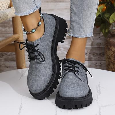 TEMU 2025 New Arrival Women's Plus Size Loafers - Stylish Black Platform Sneakers With Lace-, Casual & , Rubber Sole, Round Toe, Shoes|stylish Loafers|rubber Sole Sneakers Image