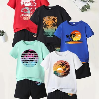 "TEMU 10pcs Boys Summer Short Sleeve "palm Tree Summer Beach" Print T-shirt And Shorts Set" Image