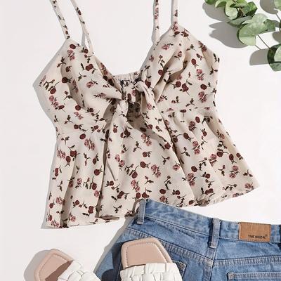 TEMU Women's Elegant Floral Print Cami Top With Bow Detail - Sleeveless Ruffle Trim, High Stretch Polyester Fabric, Spring/summer/fall, Styl Image