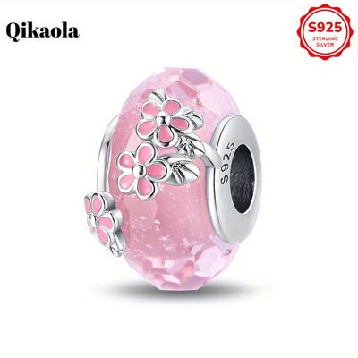 TEMU 1pc 925 Sterling Bead Series - Small Sakura Glass Bead Women's Fashion Pendant Bead Suitable For Bracelet Necklace Making Gift For S Image