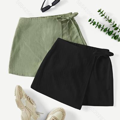 TEMU Women's 2pcs Cherry Skirt Set - Asymmetrical High-waisted Mini Skirt With Tassel Detail, Black & Beige Solid Color, Elegant Summer Casual Outfit, High Waisted Skirts Image