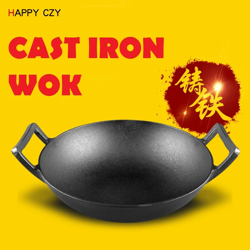 Hohe qualität 31,5 CM Flachen boden gusseisen altmodische manuelle verdickung gusseisen wok keine beschichtung japanischen wok chinesischen wok Image