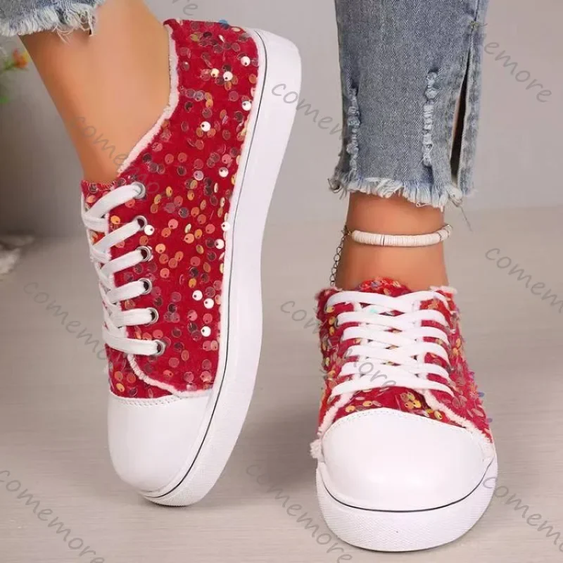 Comemore Große Größe frauen Einzelnen Schuhe Frühling Herbst Neue Mode Turnschuhe Runden Kopf Flachen Boden Spitze Up Pailletten Casual Schuhe