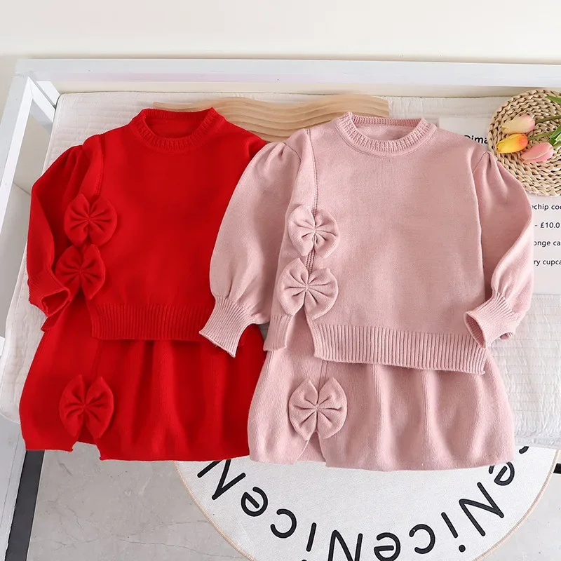 Kinder bekleidung setzt Bogen Pullover Langarm Top Hüftrock Winter Baby Mädchen Kleidung Strick pullover Kleinkind Strickjacke Koreanisch Image