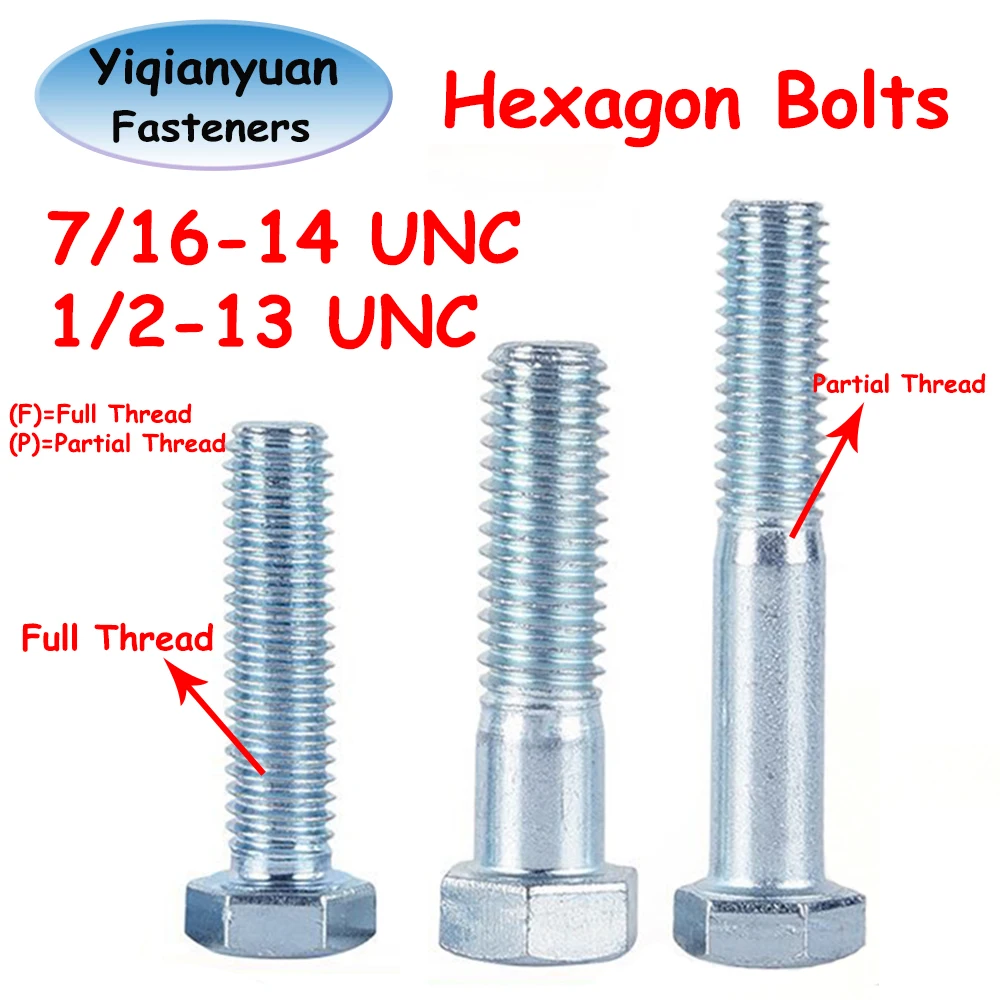 Yiqianyuan Sechskantschrauben 7/16-14 1/2-13 UNC Voll- und Teilgewinde Außenverzinkte Sechskantschrauben Kohlenstoffstahl DIN933 Image