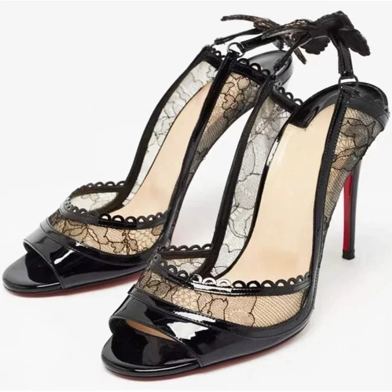 2022 Damen Neu in Schwarz Spitze Schmetterling Sexy Pumps Stilettos Peep Toe High Heels Leder Luxus Designer Party Chic Schuhe