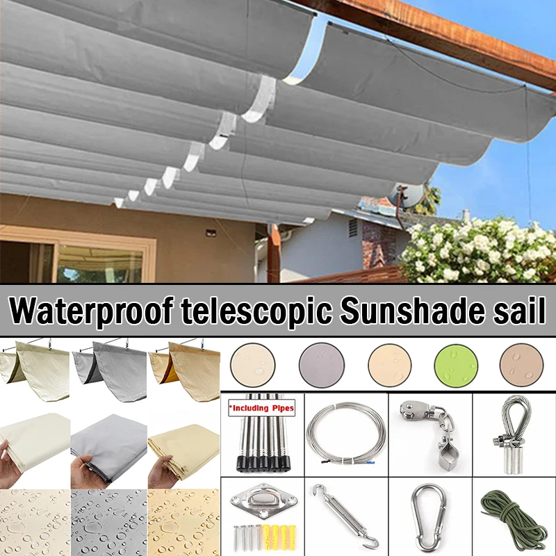 Breite 2 ~ 4 m Teleskop-Markise für den Außenbereich mit Installationsset, sommerliches, regensicheres Sonnensegel, Pergolen, einziehbares Sonnenschutznetz Image