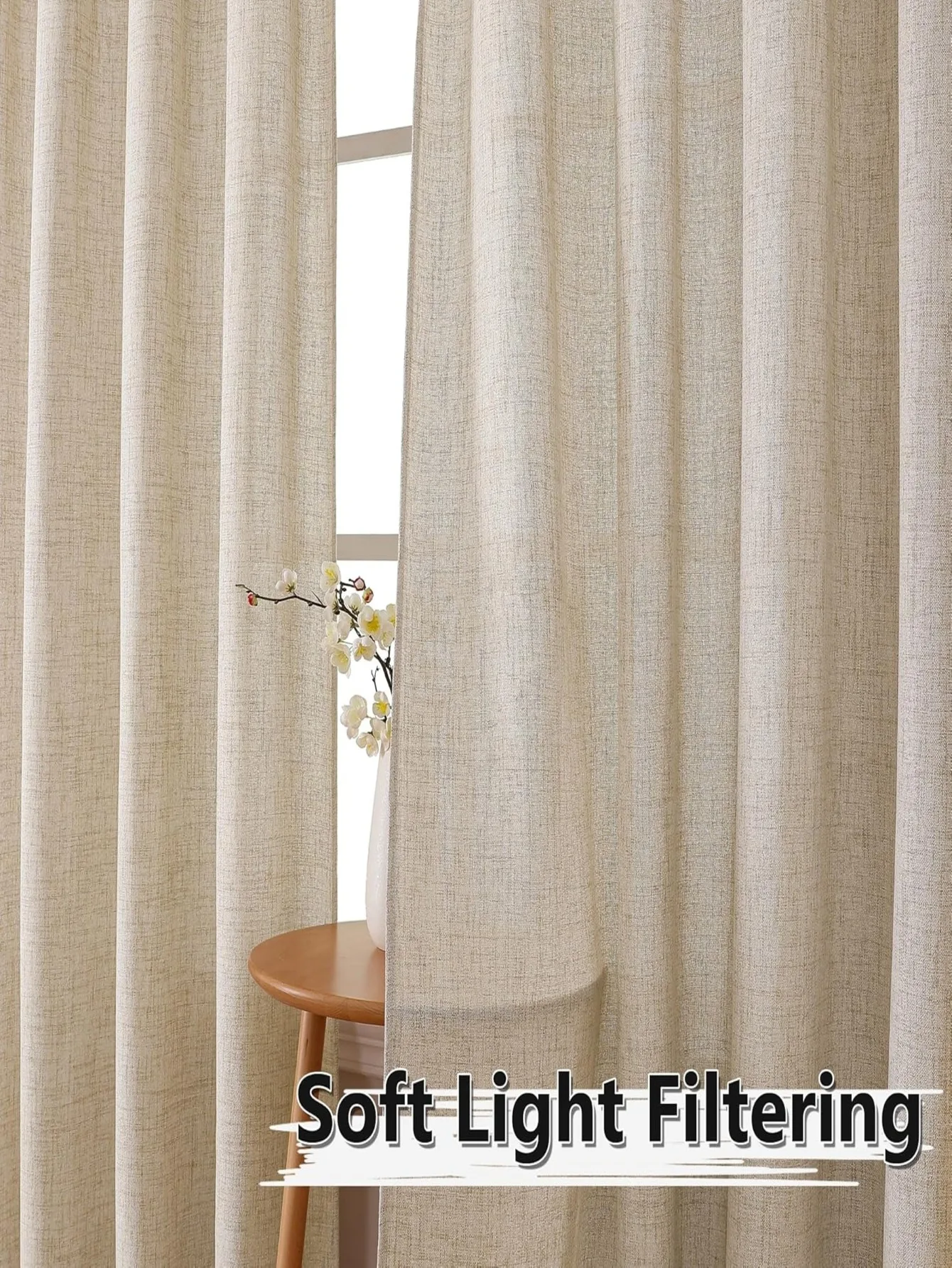 Leinenvorhänge, 84,3 cm Länge, 1 Panel-Set, Vorhänge, elfenbeinfarben, halbtransparenter Vorhang, Drapierung für Wohnzimmer, Stangentasche, Lichtfilterung Image