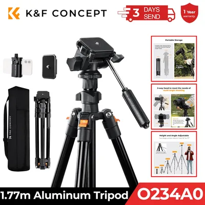 K&F Concept 196cm Camera Tripod 3-Way Head Aluminum Lightweight Video Tripod for DSLR & Smartphone Cell Phone Holder O234A5+BV01