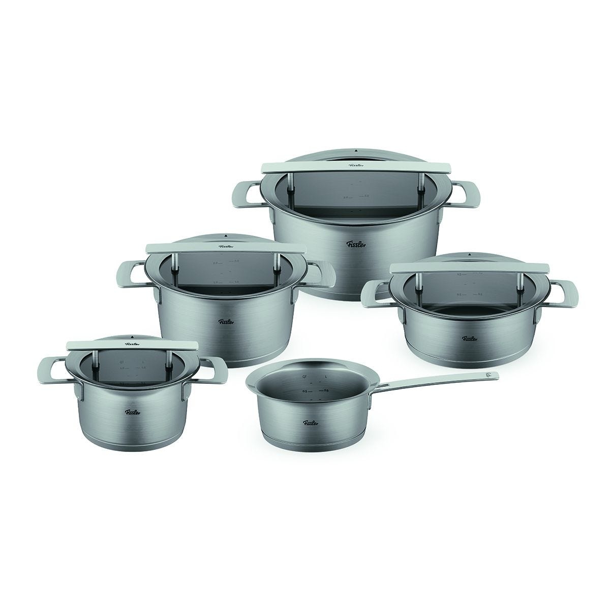 Fissler - Phi Collection - Set 5-teilig (Topf mit Glasdeckel 16 + 20 + 24 cm, Stielkasserolle 16 cm, Stielkasserolle mit Glasdeckel 20 cm) Image