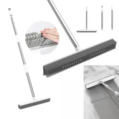 2-in-1 Rubber Broom & Scraper Brush, Silicone Pet Hair Remover for Carpet/Hardwood Floors, Long Handle Sweeper for Tile/Windows