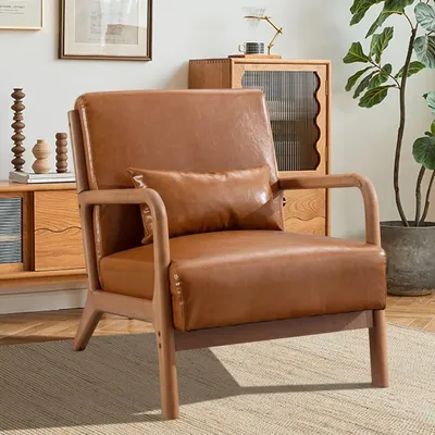 Mid Century Modern Accent Chair with Wood Frame, PU Leather Reading Armchair with Waist Cushion,