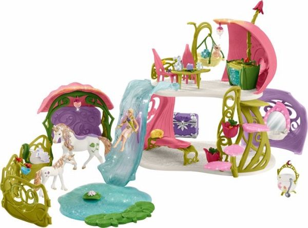 Schleich 42445 - Bayala, Glitzerndes Blütenhaus mit Einhörnern, See und Stall - Schleich
