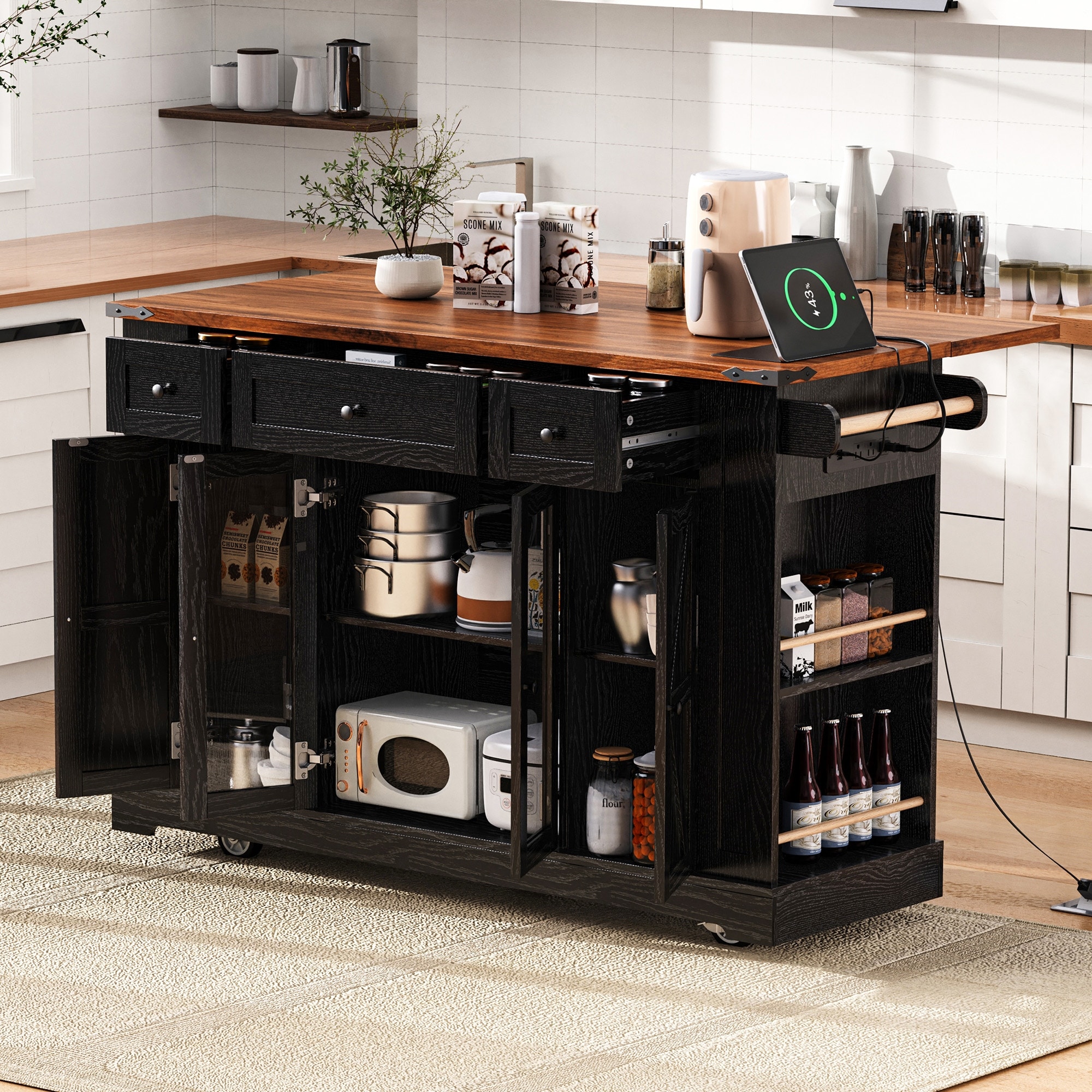 53'' Farmhouse Kitchen Island with Two Tempered Glass Cabinet Doors, Power Outlet,with Drop Leaf, 5 Open Side Racks, 3 Drawers