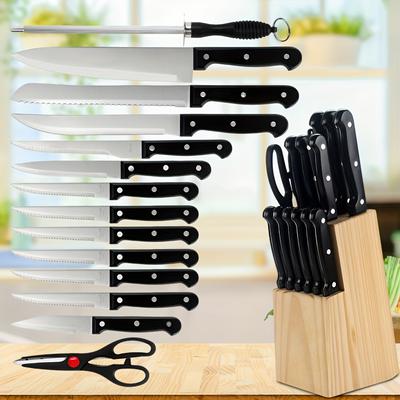 TEMU 15pcs Kitchen Knife Set With Sharpening Rod, With Knife Holder For Storage, Sharp Knife Set Made Of Stainless Steel With Comfortable Black Handles For Home, Kitchen, Outdoor Activities And More! Image