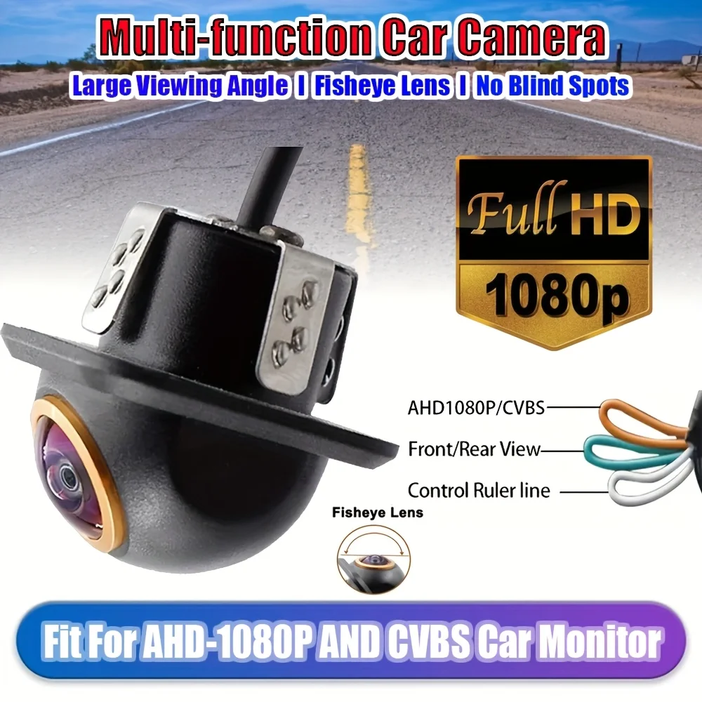 Weitwinkel-Auto-Rückfahrkamera mit Vollfarb-Nachtsicht, AHD 1080P/CVBS, kompatibel mit MP5, Android Head Units, Fischaugenobjektiv Image