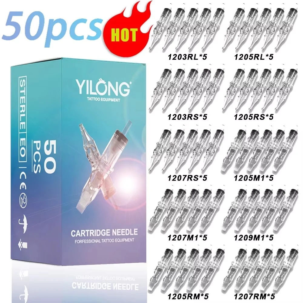 YILONG Transparente Tattoo-Patronennadeln, 20/50/100 Stück, sterile Nadeln in verschiedenen Größen mit Membran-Sicherheitspatronennadeln Image