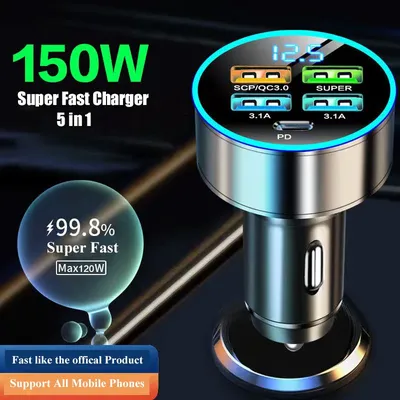 USB C Car Charger 5 in 1 with Voltage Display Super Fast Charging Phone Adapter in Car for iPhone 16 15 Pro Max Samsung Huawei