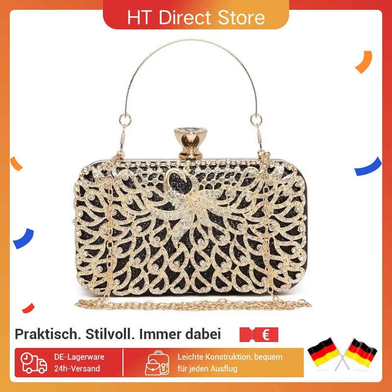 Miss Lulu Goldene Clutch für Damen, Hartschalen Abendtasche mit Perlenbesatz, abnehmbare Kette, elegante Dinner Handtasche