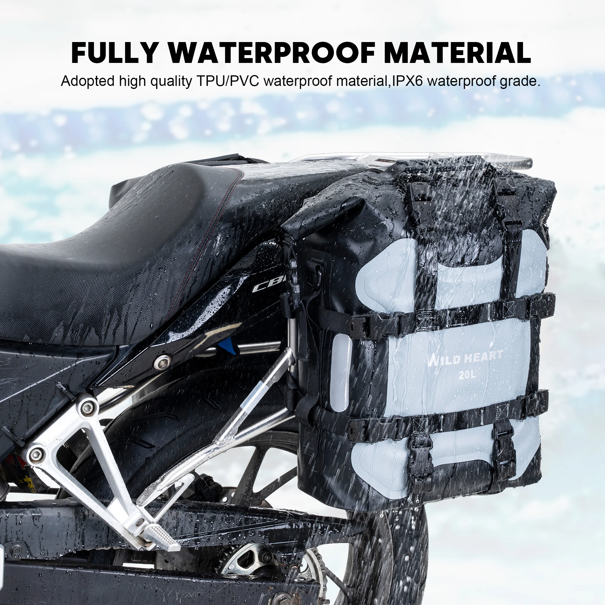 WILD HEART Motorrad-Seitentasche, Edelstahl-Aufhängung, wasserdichte Tasche, Satteltaschen, 20 l, wasserdichte Pianner-Tasche, verschleißfest Image