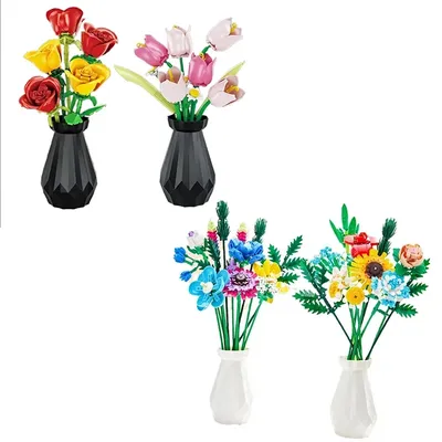 Sonnenblume Rose Tulpen Blume Bausteine Bonsai Pflanze Modell Ziegel Bouquet Blume Blöcke Hause Image