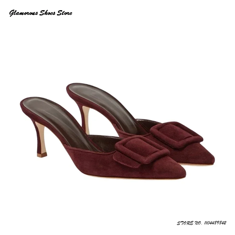 Buckled High Heel Suede Mules Elegant Women Pointed Toe Thin Heels Modern Slippers Office Laides Summer Pull On Heeled Shoes