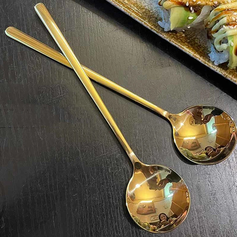 Edelstahl großer Kopf runder Löffel Netz rot goldenes Abendessen langer Griff rühren Dessert löffel für Küchen zubehör Gadgets Image