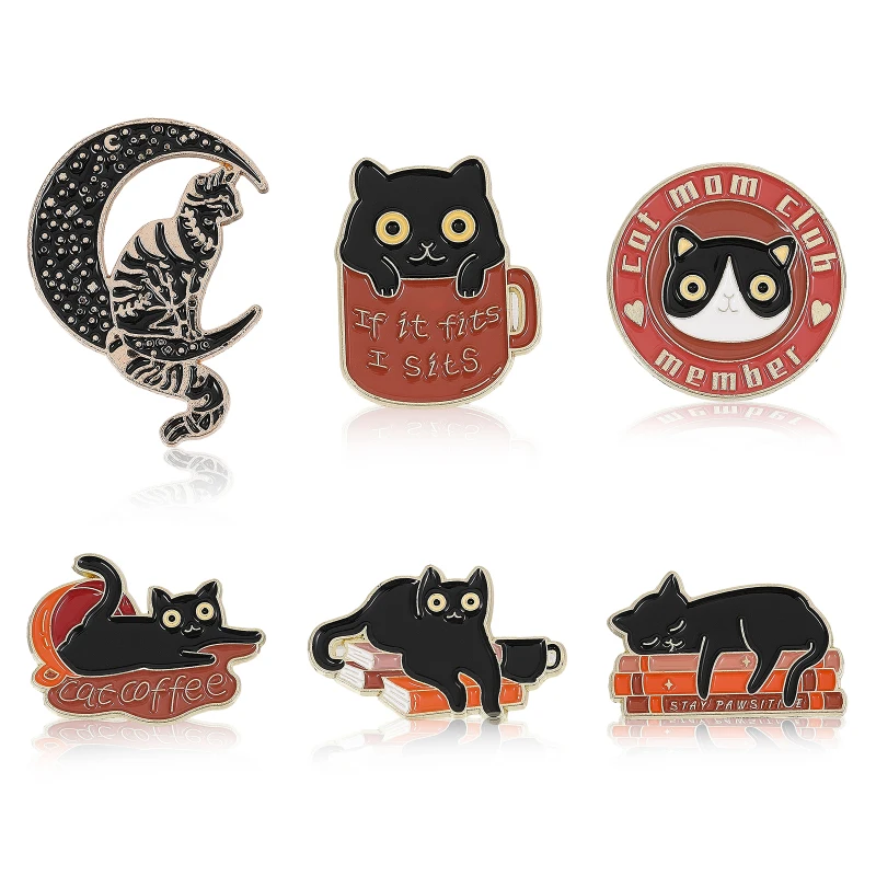 6 Stile Katze Kaffee Emaille Pins Legierung Wort Anstecknadeln Broschen für Rucksack Kleidung Dekorationen Party Jahrestag Image