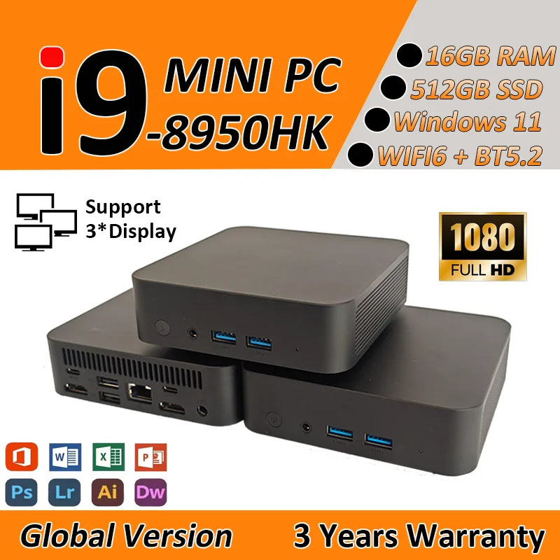 Mini PC Windows 11 Pro Intel Core i9 8950HK 16GB DDR4 1TB SSD PC Gamer Computer Dual WIFI 6 BT5.2 4K HD Mini Gaming Pc Desktop