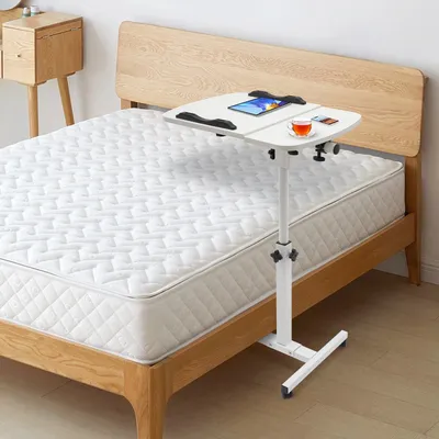 White MDF Carbon Steel Adjustable Laptop Desk Stand Bedside Desk Stand With 360° Swivel Wheels With