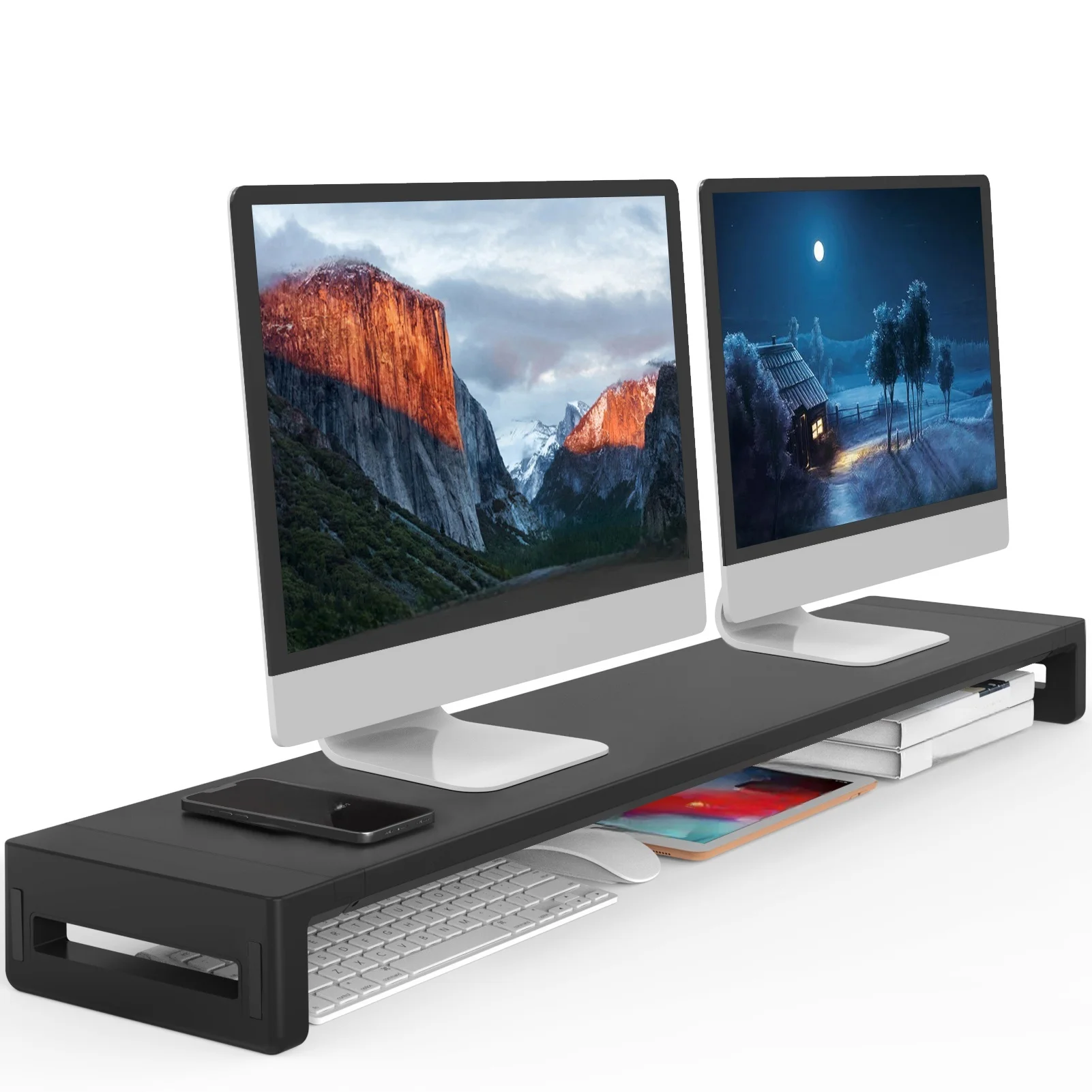 Riser per supporto doppio monitor, staffa di supporto per monitor per computer desktop estesa, per 2 monitor, con supporto per stampante e supporto per laptop