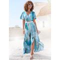 Maxikleid BUFFALO, Damen, Gr. 44, N-Gr, blau (blau bedruckt), Jersey, Obermaterial: 100% Viskose, bedruckt, animal-print, modisch, figurbetont knöchellang, V-Ausschnitt, Kurzarm, Kleider, im Vokuhila-Schnitt, Schlitz und Volant, Flügelärmel, Druckkleid