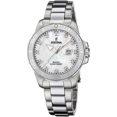 Quarzuhr FESTINA "Boyfriend Collection", silber (silberfarben, perlmuttfarben), Armbanduhren, Damen, Armbanduhr, Damenuhr, Edelstahlarmband, bis 10 bar wasserdicht, Datum Image