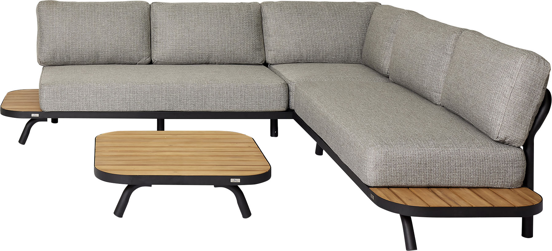 Loungeset BEST "Paros", grau (anthrazit,), B:232cm H:61cm T:80cm, Aluminium, FSC-zertifiziertes Massivholz, Sitzmöbel-Sets, bestehend aus 2 Bänken, 1 x Tisch und 9 Kissen