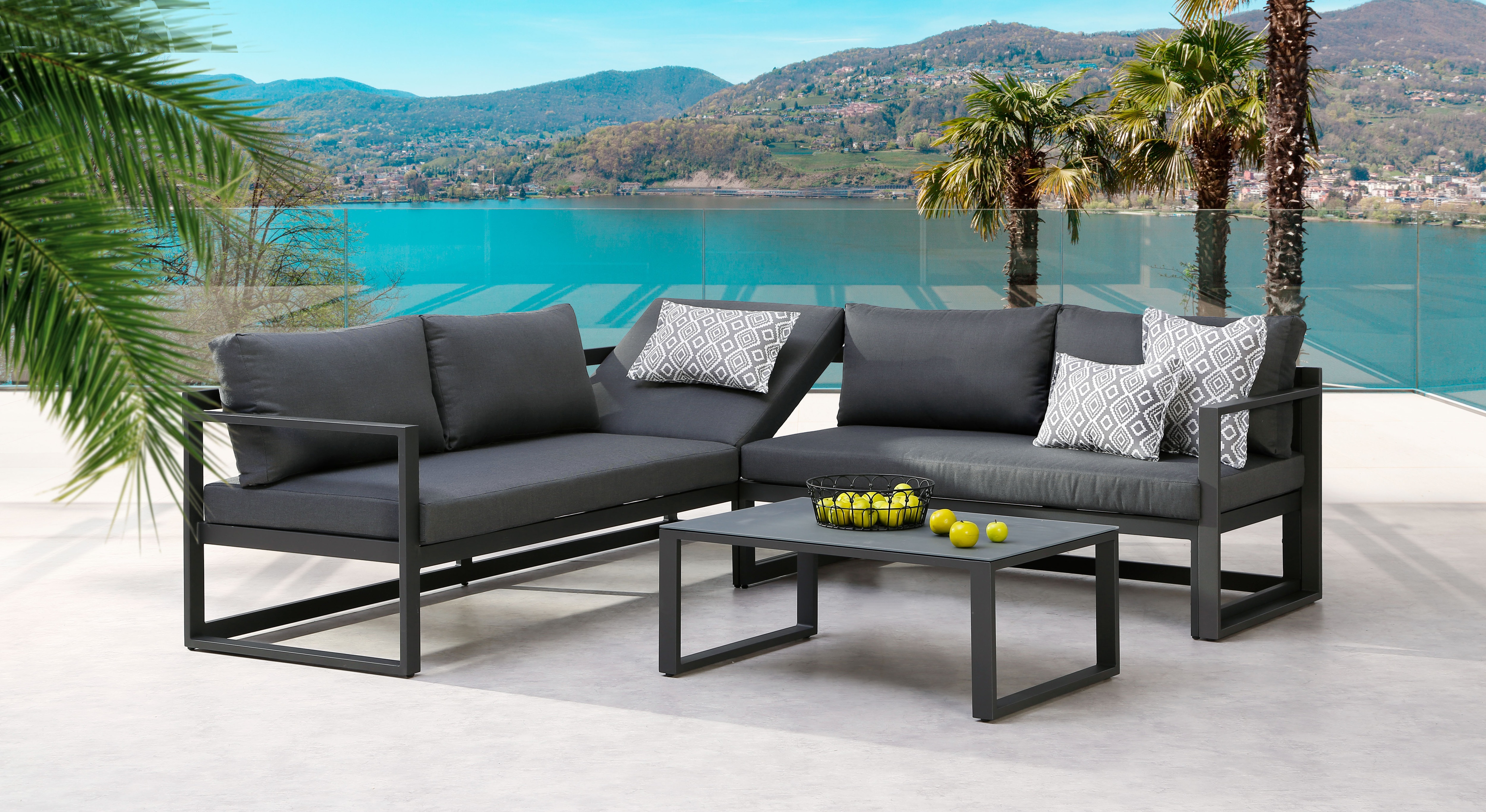 Loungeset BEST "Rhodos", grau (anthrazit,), B:212cm H:77cm T:70cm, Aluminium, Polyester, Sitzmöbel-Sets, bestehend aus 2 Sitzbänken, 1 Tisch und 12 Kissen
