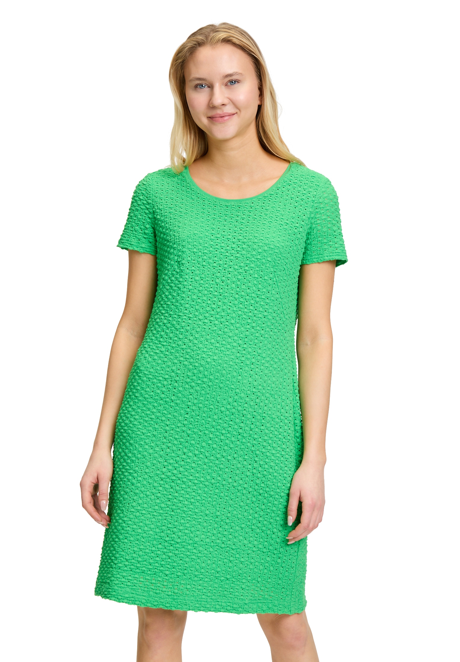 Etuikleid BETTY BARCLAY "Damen mit Rundhalsausschnitt", Damen, Gr. 44, Normalgrößen, grün (island grün), Obermaterial: 50% Polyamid, 48% Baumwolle, 2% Elasthan; Futter: 100% Polyester, figurumspielend kurz, Rundhals, Kleider Etuikleid, Muster