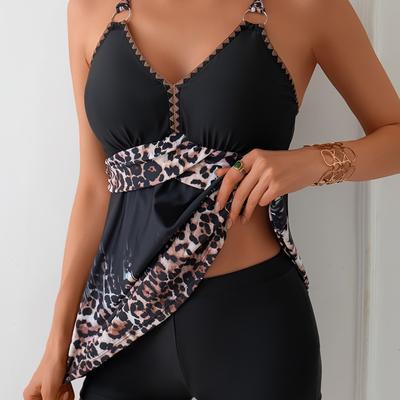 "TEMU {"gp2title": "25ss Summer Trend Women's Original Designed Leopard Print Version Printed V Back Top And Shorts Two-piece Set Of Tankini Swimsuits" Image