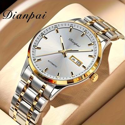 TEMU Luxurious Classic Men's Watch With Night Light Calendar, Stainless Steel Strap, A Perfect Gift For Men, Dianpai Men's Business Automatic Mechanical Watch, Without Battery Image