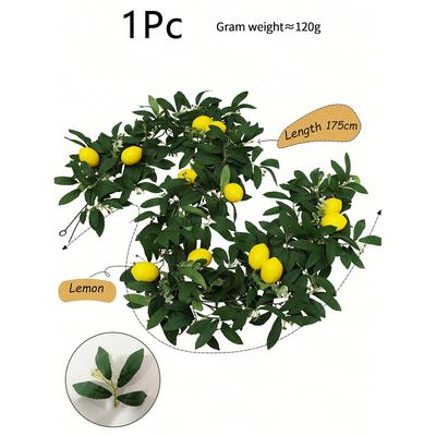 TEMU 1pc Artificial Lemon Garland With Green Leaves & Berries - Vibrant Fruit Vine For Decor, Door, Wall, Mantle, Wedding, And Party Table Decorations Image