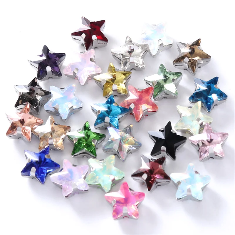 10mm Glitter Crafts Glass Star shape Sewing Rhinestones with Sliver Base Flatback Crystals decorations for clothes diy