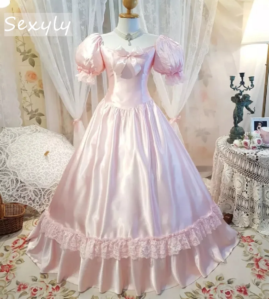 Rosa mittelalterliches Ballkleid aus dem Bürgerkrieg mit kurzen Ärmeln, viktorianisches South Belle-Abendkleid, Spitze, kolonialgeorgianische Party, individuell gestaltet