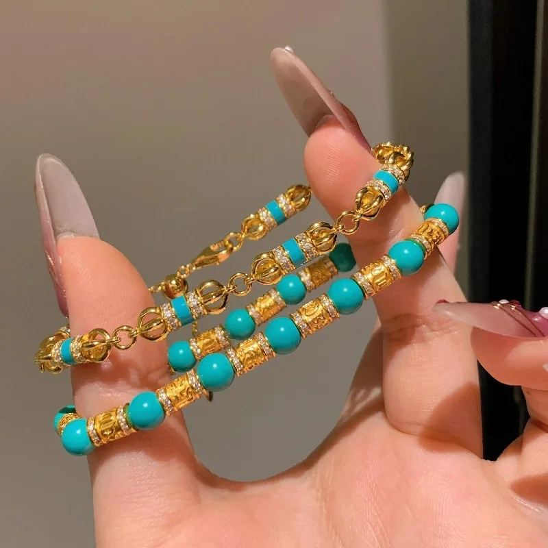 Vintage Neu im chinesischen Stil Türkis Armband für Frauen Shining Six Character Sprichwörter Rod Splicing Armreifen Grüner Schmuck Geschenk