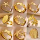 Bohemia Shell Starfish Ring For Women Gold Color Stainless Steel Open Ring Summer Travel Seaside Beach Party Jewelry Gift