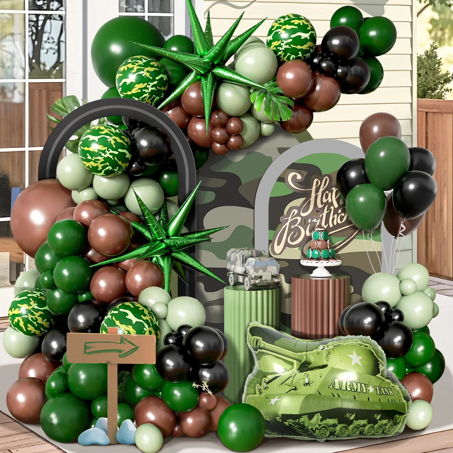 107-teiliges Camo-Ballon-Kranz-Set mit gewölbten Kranz, dunkelgrüne und braune Luftballons mit explodierenden Sternenballons, für die Dschungeljagd, Tarngeburt Image