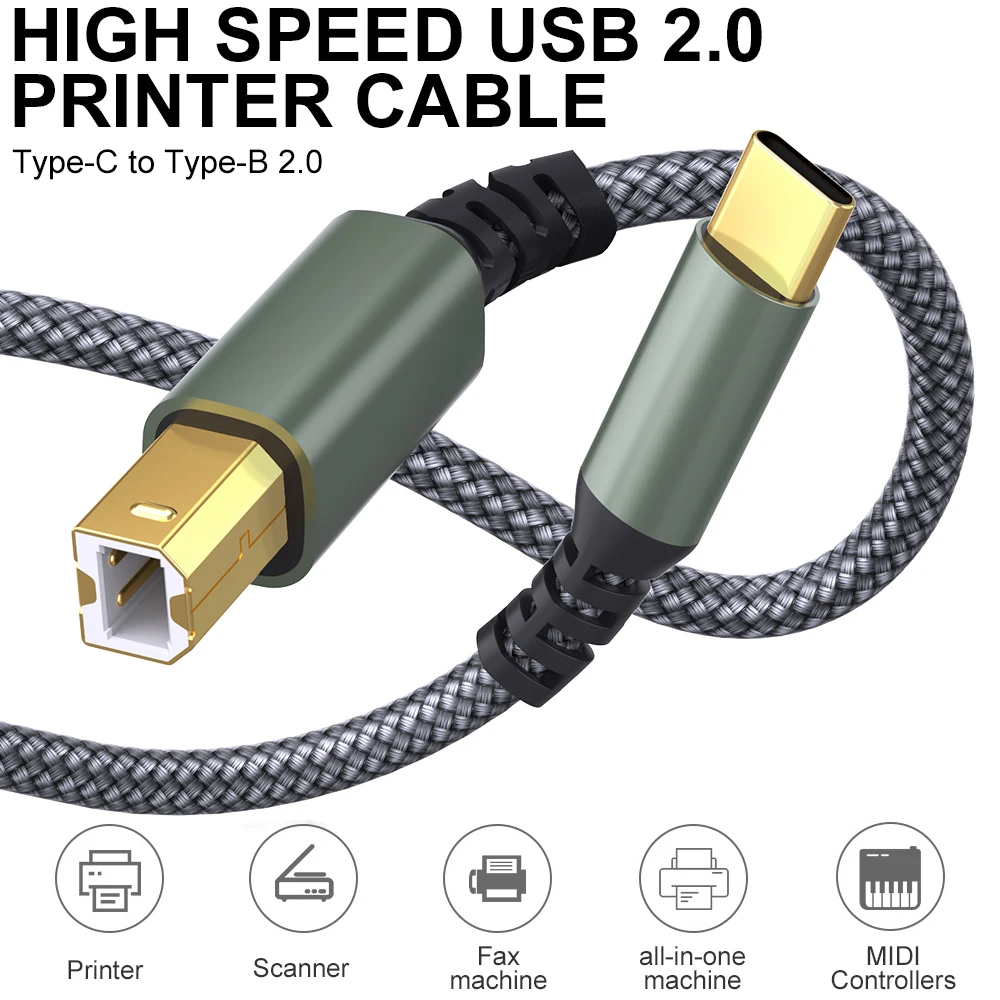 LAIHONEN USB Typ C auf USB B Druckerkabel Grau geflochtenes Druckerscanner-Kabel für Canon Epson HP Samsung USB-Druckerkabel Image