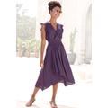 Satinkleid LASCANA, Damen, Gr. 36, N-Gr, lila (aubergine), Satin, Obermaterial: 100% Polyester, unifarben, modisch, figurumspielend knielang, V-Ausschnitt, Kurzarm Volant, Kleider, mit kurzen Ärmeln, Sommerkleid, Topseller