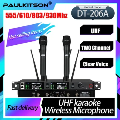 Paulkitson DT-206A Professional Wireless Microphone System Dual Channel UHF Handheld/Bodypack/Lavalier/Church Stage Karaoke