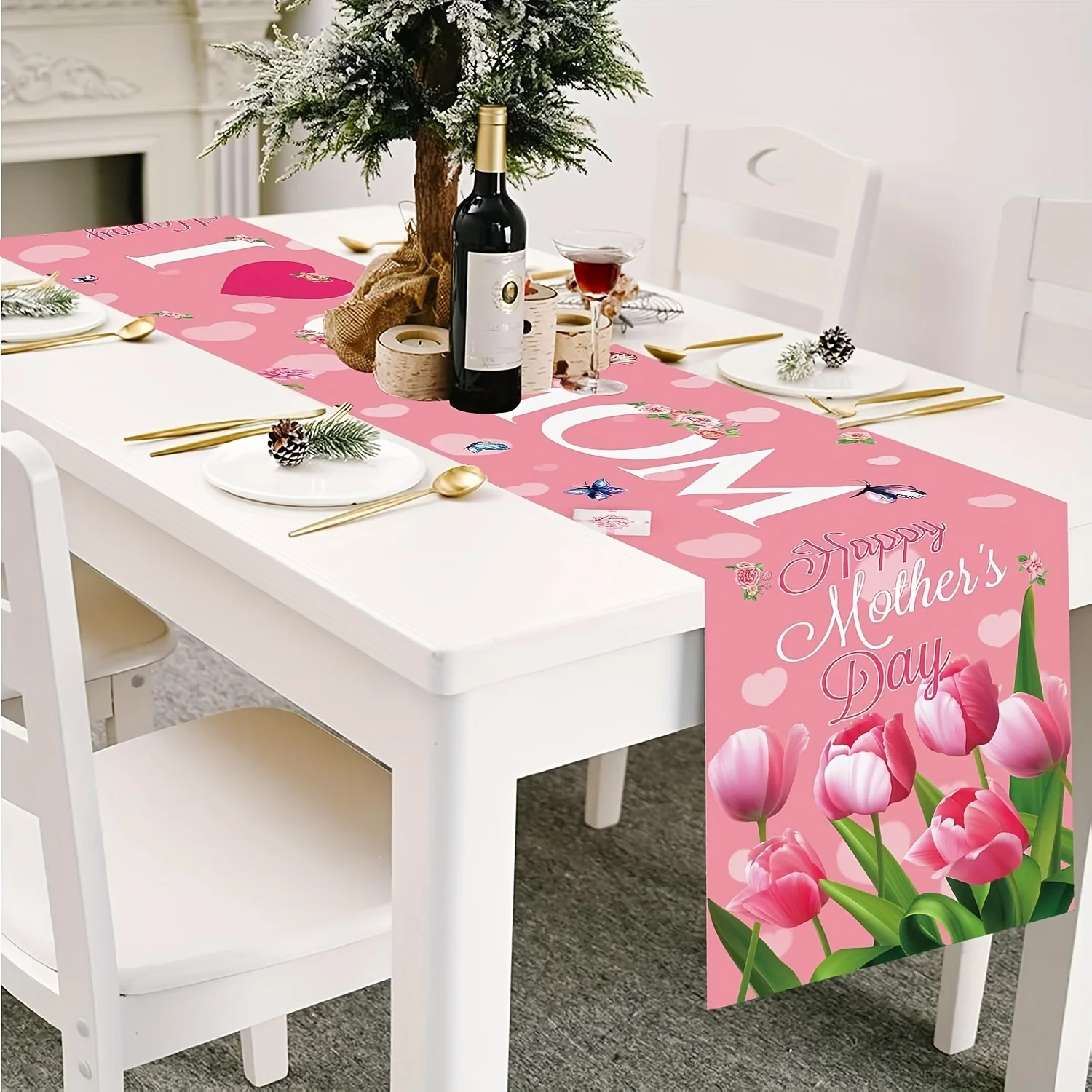 1 Stück Happy Mother's Day Rosa Tulpe Liebe Herz Polyester Tischläufer Frühlingsblumen Blätter Tischläufer Esstischdekoration Image
