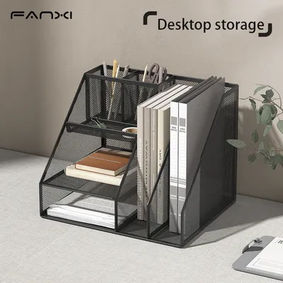 Desk Organizer with File Holder, Desk Organizers with 3 Tier Letter Trays and 2 Pen Holders, Mesh